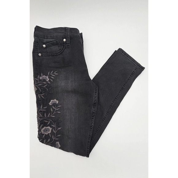 Seven 7 Jeans Womens Size 8 Black Skinny Floral Embroidered Black Stretch - Picture 1 of 7